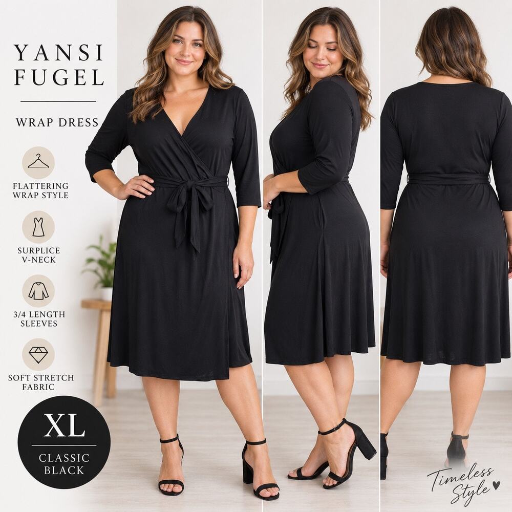 Yansi Fugel Womens Wrap Dress XL Black Midi Surplice V Neck Rayon Stretchy